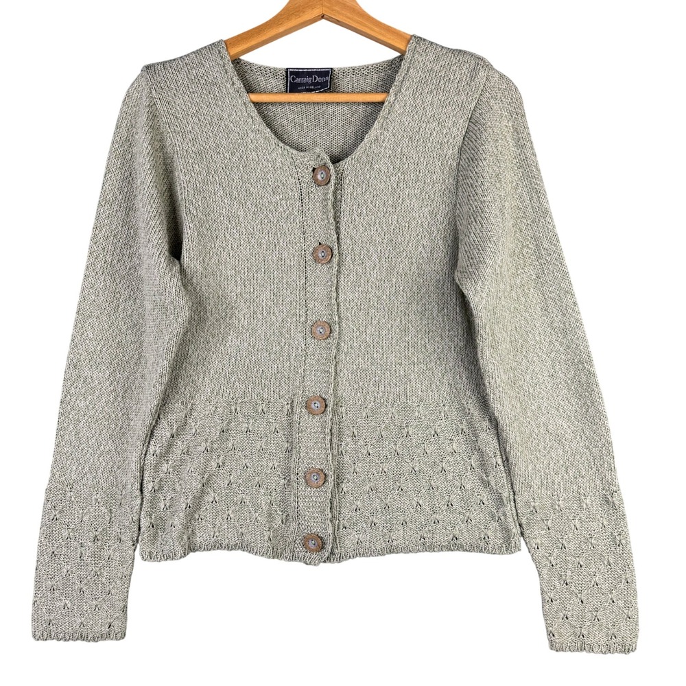 Carraig Donn Made in Ireland Sage Green Pointelle Knit Button Cardigan Small